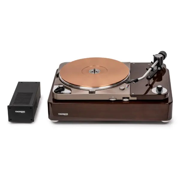 Thorens TD 124 DD Exclusive 140th anniversary vue de face avec alimentation Thorens TPN 124