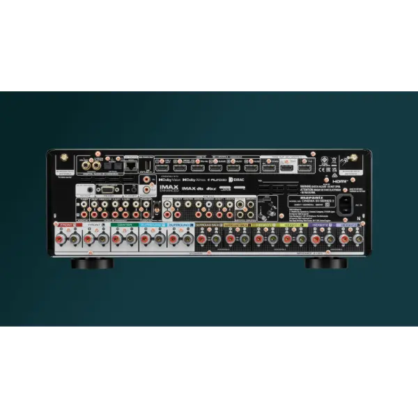 Marantz CINEMA 50 SERIE 2 Ampli-tuner AV 9.4 canaux avec Dolby Atmos, Dirac Live et technologie HEOS™ vue des connectiques arrières zoomer