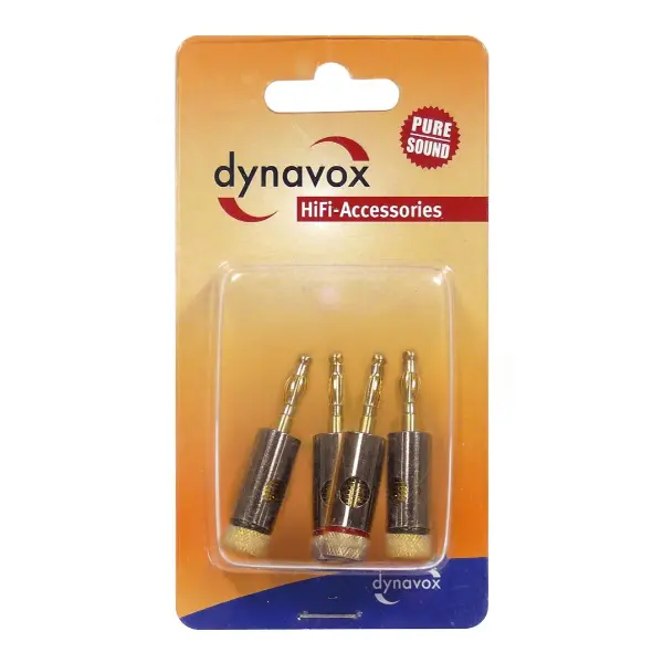 Dynavox fiches bananes plaquées or Ø6 mm : set de 4 connecteurs à visser en alliage de cuivre pour câbles d’enceintes jusqu’à 6 mm. packaging