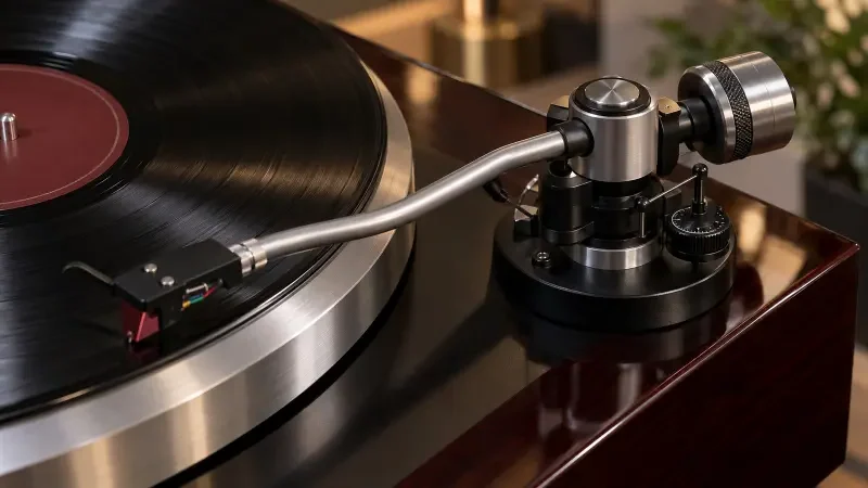 Réglage de l'antiskating situé près du pivot du bras d'une platine vinyle