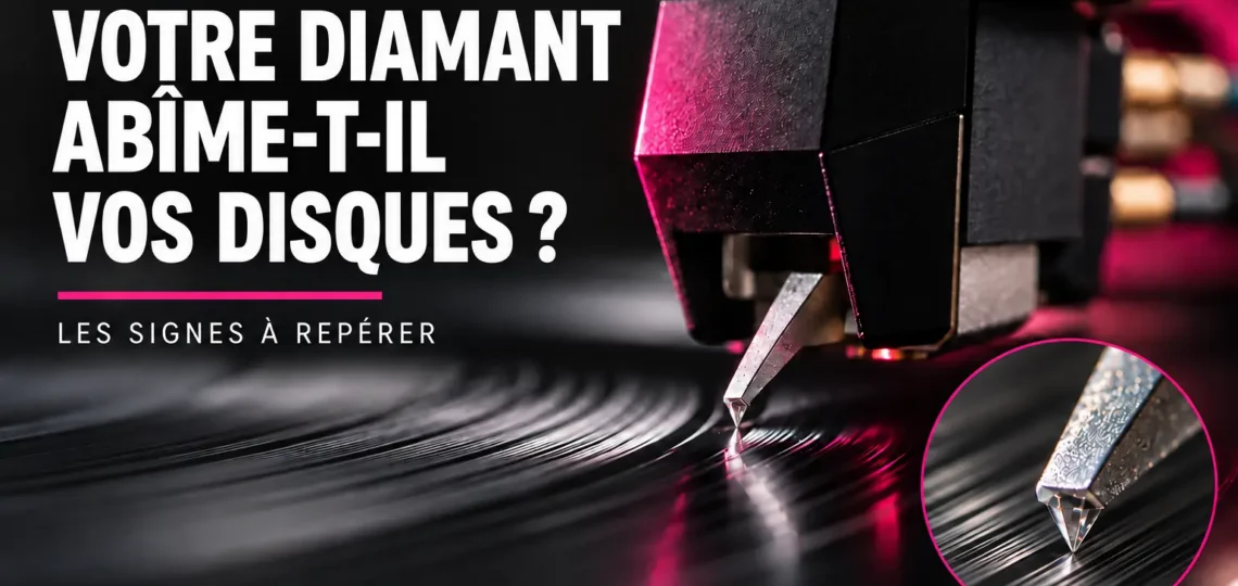 Gros plan d’un diamant de platine sur un disque vinyle, avec agrandissement de la pointe dans le sillon.