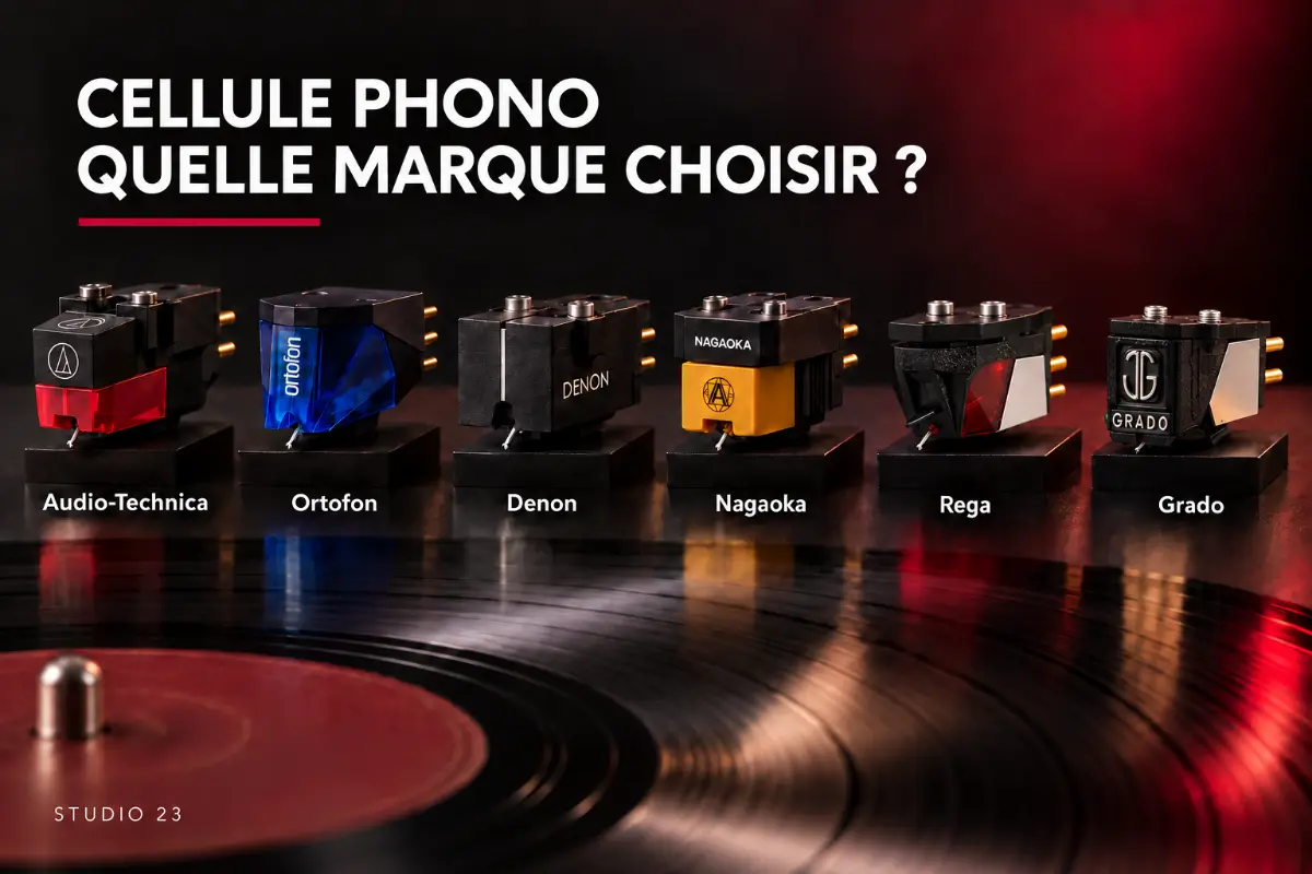 Six cellules phono Audio-Technica, Ortofon, Denon, Nagaoka, Rega et Grado présentées côte à côte