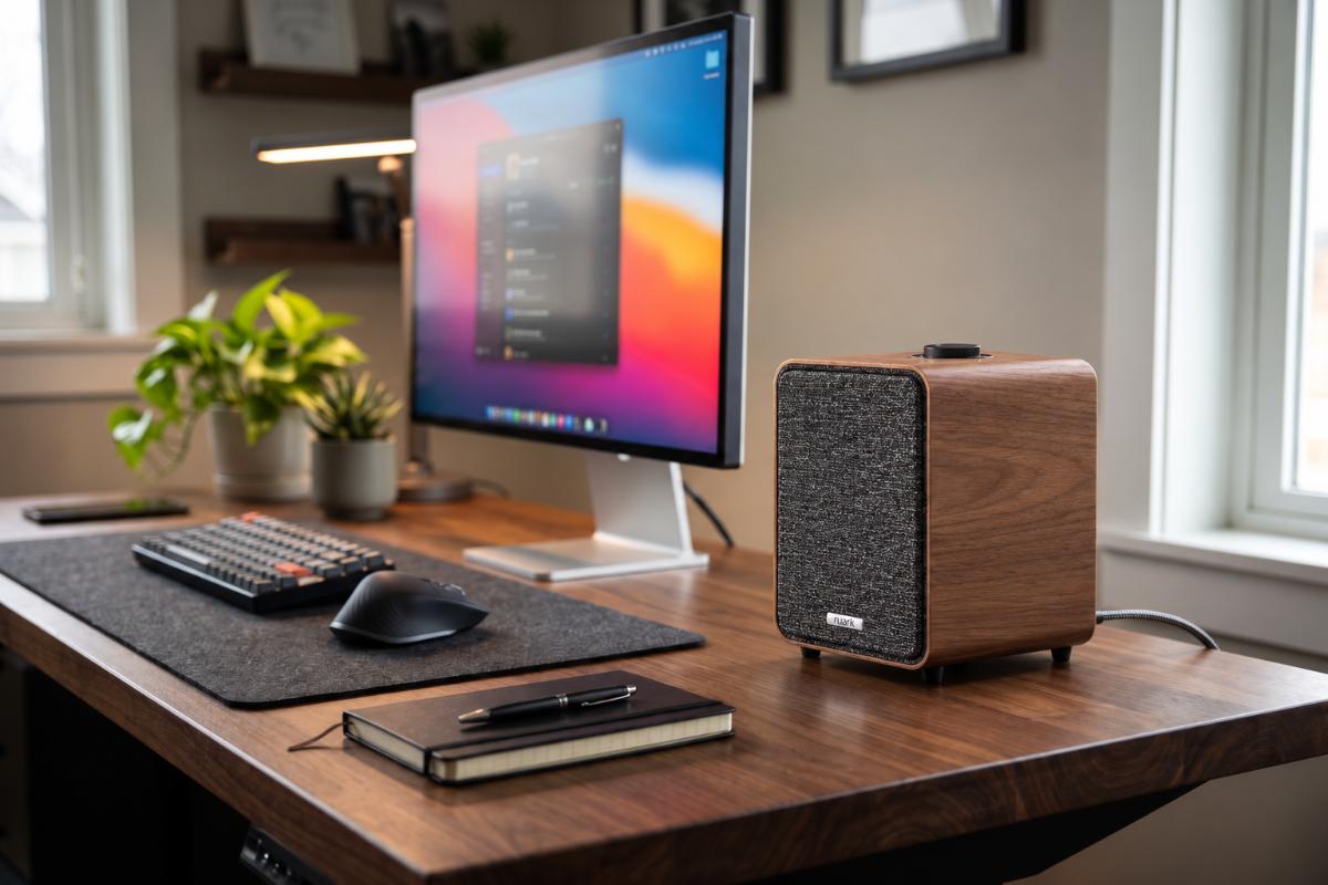 Enceintes pour PC posées de part et d'autre d'un écran d'ordinateur